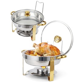 LinTimes Chafing Dish for Buffet Set of 2, 5QT Stainless Steel Round Chafing Dishes for Buffet with Visible Glass Lid and Holder, Buffet Servers and Warmers for Parties, Wedding, Catering, Gold