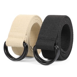 JASGOOD Men&Women Canvas Belt Web Fabric Casual Belt with Black Double D-ring 1 1/2" Wide Set of 2,Fit Waist Size 29-33 Inches,D-Black+Khaki