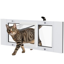 SAKSUN Cat Door for Window Weatherproof: Aluminum Frame Flap Pet Door Fit Window Insert - Easy Adjustable to Quick Fit Windows Width 31"-36" - 4 Secure Lock Modes with Magnetic Closure for Cats Dog