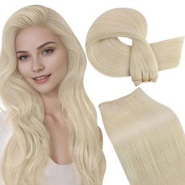 LaaVoo Sew in Hair Extensions Blonde Real Human Hair 100g 16 Inch Weft Remy Straight Platinum Blonde Invisible Double Weft Weave #613