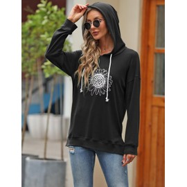 Ovanviso Women Sunflower Graphic Hoodies Long Sleeve Pullover Drawstring Sweatshirt Loose Fit Tunic Tops Black X-Large