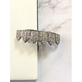 18K White Gold Plated CZ Cluster Custom Slugs Top Bottom Fangs Vampire Grillz Mouth Teeth Grills Set - Grillz, Teeth Cap, Iced Out Grillz (Vampire Bottom)