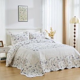 VatinHK 100% Cotton 120"x128" Oversized California King Bedspread - Reversible Blue Floral King Quilt Set 3pcs, Lightweight Comforter Bedding Set with 2 Pillowshams, All Season Bedspreads Coverlet Set