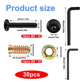 30 Pcs M6 Threaded Inserts for Wood with Bolts Set: 15 Furniture Hex Socket Drive Screw-in Nuts(M6x 25mm) & 15 Furniture Screws Flat Head Hex Socket Bolts(M6x 30mm), for Wood Furniture,with 2 Wrench