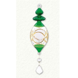 Green and Gold Etched Marquis Crystal Hanger Egyptian Glass Christmas Ornament