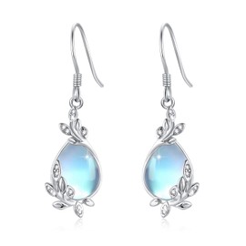Leaf Earrings Sterling Silver Moonstone Earrings for Women and Girls Leaf Drop Earrings Teardrop Moonstone Earrings Jewelry Birthday Gift, Sterling Silver