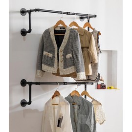 Clothes Rack, Industrial Pipe Clothing Rack for Hanging Clothes, Wall Mounted Heavy Duty Space Saving Garment Rack, Multi-Purpose Clothing Hanging Rods for Closet Storage, Black, 2Pcs