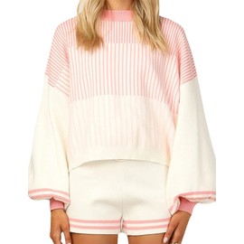 Gihuo Women' s Striped 2 Piece Outfits Crewneck Knit Pullover Sweater Shorts Set Wide Leg Matching Set Loungewear(White-M)