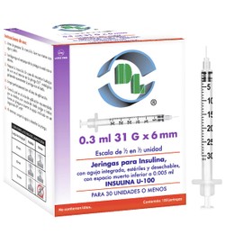 Caja De 100 Jeringas Para Insulina 0.3 Ml Con Aguja 31 G X 6 Mm Unibody