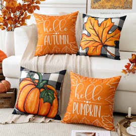 Artscope Fall Decorative Throw Pillow Covers 20x20 Inch Set of 4, Buffalo Plaid Autumn Pumpkin Maple Leaves Harvest Decoration Pillow Cases for Home Sofa Couch Decor-Orange A