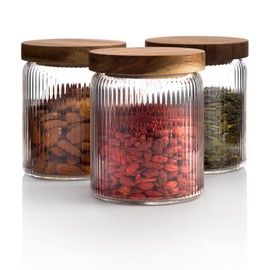 Mason & Fable Ribbed Glass Jar with Wooden Lid 17oz, Set of 3 | Airtight Fluted Storage Canisters for Food, Tea, Coffee, Candy/Spice | Organization Canisters for Home & Kitchen