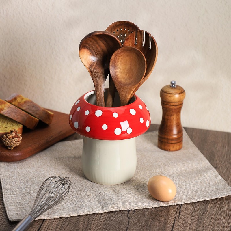 Bicuzat Mushroom Shaped Ceramic Kitchen Utensil Holder, Large Cooking Utensil