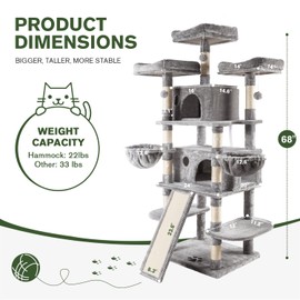 IMUsee 68 Inches Multi-Level Large Cat Tree for Large Kitties/Big Cat Tower with Condo/Cozy Plush Perches/Sisal Scratching Posts and Hammocks/ ‌Feline Activity Center Play House/Grey