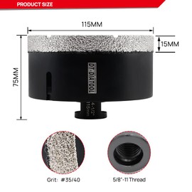 DT-DIATOOL Daimond Core Drill Bit 4-1/2 Inch Vaccum Brazed Hole Saw with 5/8"-11 Thread Drilling for Procelain Tile Ceramic Stoneware Marble Granite Stone Brick