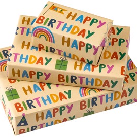 WRAPAHOLIC Kraft Birthday Wrapping Paper Sheet - 6 Sheets Folded Colorful Happy Birthday Wrapping Paper for Kids, Baby Shower, Party, Holiday - 19.7 Inch x 27.5 Inch Per Sheet