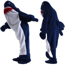 Shamdon Home Collection Shark Blanket Hoodie Onesie for Women Men, Adult Kid Cozy Wearable Blanket Sleeping Bag, Soft Shark Costume Pajamas Dark Blue