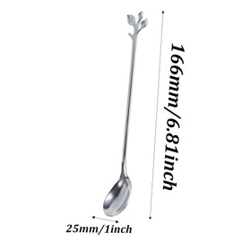 Runseaway 6PCS 6.5 Inch Leaf-Design Coffee Spoons, Long Handle Stainless Steel Stirring Spoon, Silver Teaspoons Mixing Spoons for Tea, Espresso, Ice Cream, Dessert, Cocktail