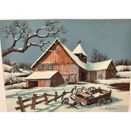 H Hargrove 12x16 Canvas Snowy Winter Barn Weathervane Wooden Wagon Fence Field