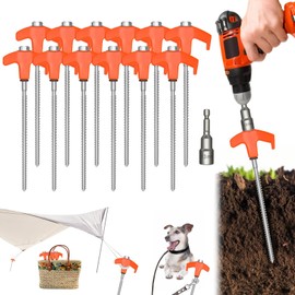 XIUWOUG 20 cm Tent Pegs Screw, Screw Pegs, Camping, Tent Pegs for Screwing Stakes, Stakes Camping with Metal Thread and Luminous Plastic Heads, Camping Accessories, Pack of 12