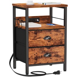 Furologee End Table with Charging Station, Nightstand with Fabric Drawers, Side Table with USB Ports & Outlets, Night Stand with Storage Shelf & Hooks, for Living Room/Bedroom, Rustic Brown
