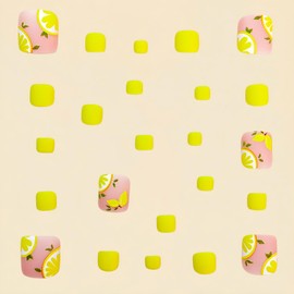 Yellow Lemon Press on Toenails Short Square Toenails Spring Summer Matte Toe Nails Full Cover Toe Nails for Women