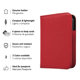 Vedicci Porta Pasaporte para Viaje. Funda para Pasaporte de Piel Genuina. Pasaporte Funda en 4 Colores. Cartera estilo Porta Pasaporte. Estuche de Viaje para Pasaporte y Visa. Passport Holder. (Rojo)