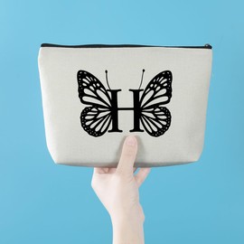 AOZHUO Initial Makeup Bag Personalized Gifts Lined Cosmetic Bag Monogrammed Gifts for Women Girls Best Friends Colleague Wedding Bridal Shower Birthday Gifts Travel Toiletry Bag, Butterfly Letter H
