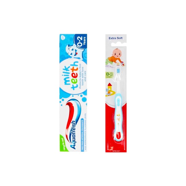 Aquafresh Milk Teeth 0-2 Years Toothpaste Bundle with Extra Soft Toothbrush 0-3 Years