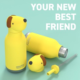 asobu Bestie Bottle Insulated Stainless Steel Water Bottle with Detachable Soft Animal Head Fun Drinking For Kids and Teens16 Ounce with Flexible Reusable Straw (Dog)