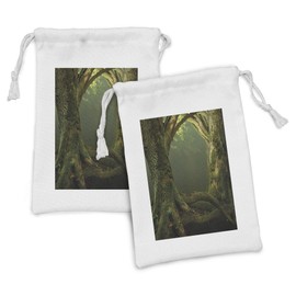 Lunarable Nature Fabric Pouch Set of 2, Twiggy Old Tree Branches Growth Life Themed Forest Woodland Foggy Dark Misty Scene, Small Drawstring Bag for Toiletries Masks and Favors, 9" x 6", Olive Green
