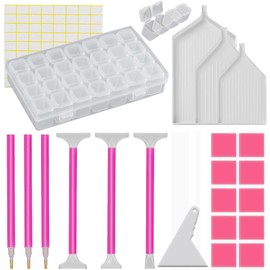 28-Slots Diamond Painting Storage Containers with 5D Diamond Art Painting Tools, 6pcs Diamond Painting Pen, 3pcs Diamond Painting Trays, 10pcs Jelly Glue, Diamond Painting Kits for Adults and Kids