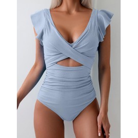 B2prity Women's One Piece Swimsuit Ruffle Cutout Bathing Suits Slimming Tummy Control V Neck Wrap Swimwear
