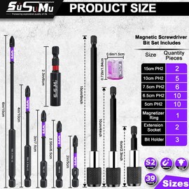 Long Screwdriver Bit Sets, 39PCS Purple D1 Phosphate Black 6.0 Screwdriver Bits 6.0PH2 With Strong Magnetic Extension Bar, Hex Shank Self-locking Extension Rod, Hex Magnetic Ring, Gift Box