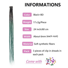 Dsoar Clip In Dreadlock Extensions 24 Inch 3PCS Handmade 0.6cm Synthetic Dreads with Clips Soft Crochet Loc Extensions