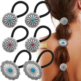 6 Pcs Western Ponytail Holders Metal Boho Hair Ties Flower Circular Ropes Vintage Turquoise Concho Squash Blossom Bands Decoration Accessories for Women Girls - Pattern Name: Flower