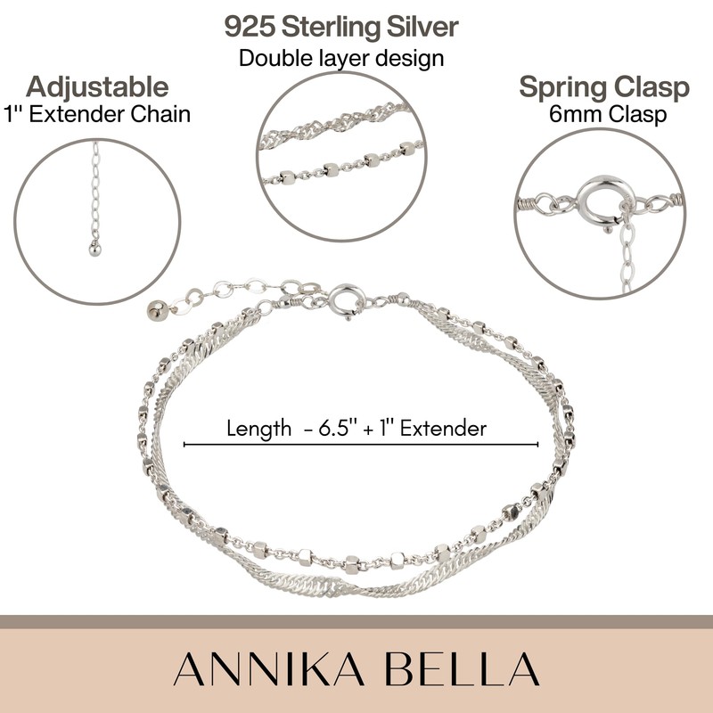 Annika Bella Double-Layered Sterling Silver Bracelet, Length 6.75-7.75 Inches, Stranded
