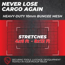 ZULWEST Heavy Duty Cargo Net for Pickup Truck Bed 4x6 ft Stretches to 8x12 ft - 10mm Bungee Mesh with 12 Carabiners, Anti-Slip Gloves & Digital Guide - Truck Bed Netting for Cargo, SUV, Roof Rack