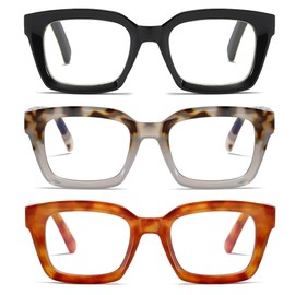 ZXYOO 3 Pack Oversize Square Design Reading Glasses for Women, Blue Light Blocking Computer Reader（Black & Gray & Yellow Leopard+1.50）