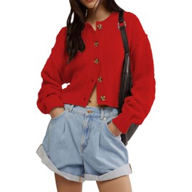 Zontroldy Womens 2024 Fall Casual Cropped Cardigan Button Front Solid Color Long Sleeve Tops Sweaters(1187-Red-S)