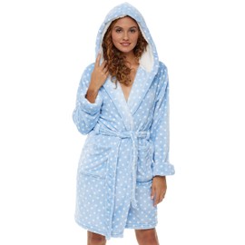 Alexander Del Rossa Women's Hooded Plush Velour Robe with Sherpa Lined Hood, Pockets Light Blue with Polka Dots Large (A0152P14LG)