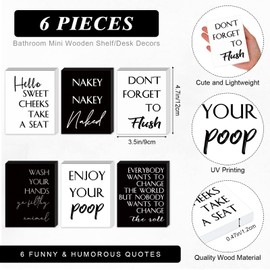 6 Pcs Farmhouse Bathroom Decor Wooden Funny Bathroom Signs Shelf Decor Home Rustic Guest Restroom Vintage Decor with Humorous Sayings Accent Black White Art Sign for Bathroom Restroom Spa Washroom