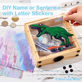 Dinosaur Piggy Bank for Kids, Boys Wooden Piggy Bank Coin Bank for Kids Money Bank with Letter Stickers