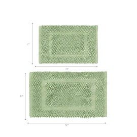 Jean Pierre New York 100% Chenille Cotton Skid Resistant Plush Bath Mat - 17"x24"/20"x32" Bathroom Rug Set - Sage Green