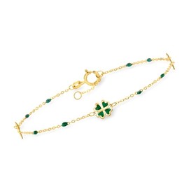 Ross-Simons Italian Green Enamel Clover Station Bracelet in 14kt Yellow Gold. 6.5 inches