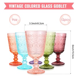 Eaasty Wine Glasses Set of 12 Vintage Goblet 9 oz Vintage Colored Glass Goblet Beverage Stemmed Glass Cups Romantic Embossed Glassware for Wedding Party Holidays Anniversary (Multi Colors)