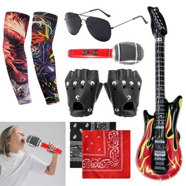 APPCXOKL Rocker Punk Costume Accessory - Complete Accessory Set Including Inflatable Guitar and Microphone - Perfect for Rocker Outfit Men and Punk Outfit Women