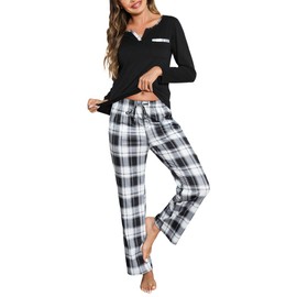 Bresdk Womens Pyjamas Sets Cotton Long Sleeve Pjs Soft Lounge Wear Sets Winter Warm Sleepwear for Ladies with Pockets Black L