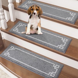 BEQHAUSE Stair-Treads-for-Wooden-Steps-Indoor Non Slip Carpet Stair Treads Washable Reusable Stair Runner Polyester Soft Stair Treads for Dogs,Elders and Kids,28inX9in,15pcs,Grey