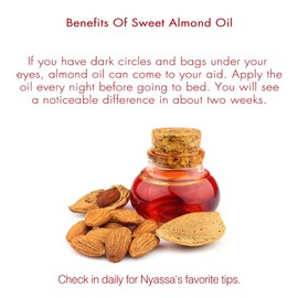 Nyassa Cold pressed Sweet Almond Oil 100 ml. No Parabens, Silicons, Petroleum. Cruelty free. Pure and Natural. Rich in Vitamin E Can be used on Face, Body, Hair for nourishment and protection.