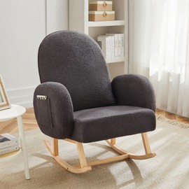 Algglobuy Nursery Rocking Chair, Dark Grey Upholstered Glider Chair with Side Pocket and Thick Cusion, Upholstered Rocking Accent Chair for Living Room, Bedroom